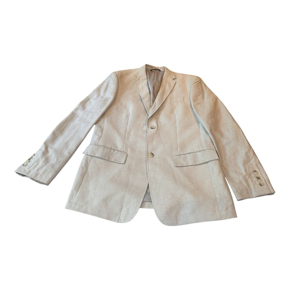 Perry Ellis Mens Sport Coat Blazer 40R Beige Tan Linen Cotton Classic Fit Jacket
